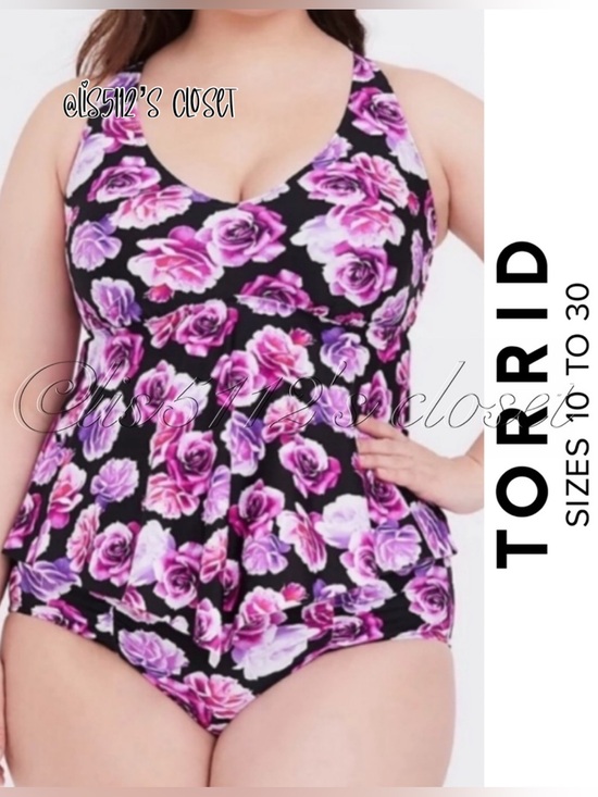 torrid Other - Torrid Pink & Purple Roses Black Tankini & Ruched Bottoms 2pc Swimsuit SET 1X